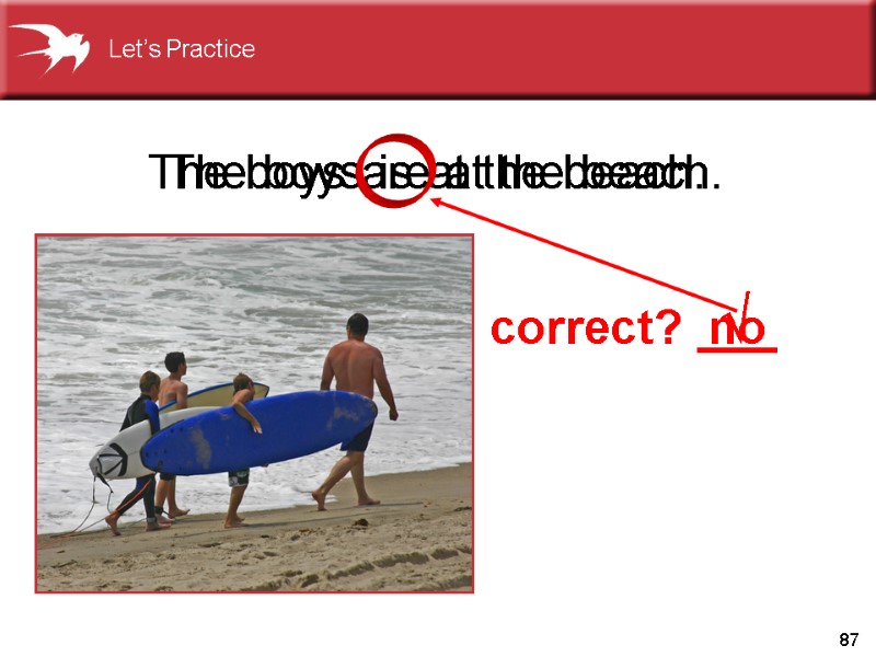 87 The boys are at the beach. The boys is at the beach. no